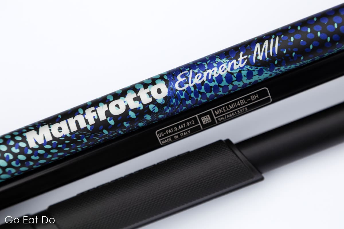 Close up of the blue design of Manfrotto tripod made in Italy.