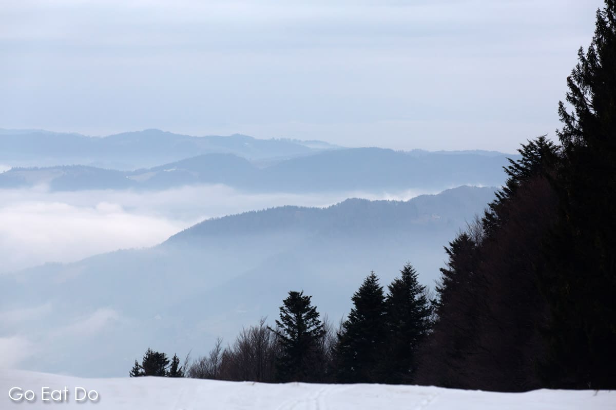 Mist and snow in the Pohorje Mountains near Maribor.