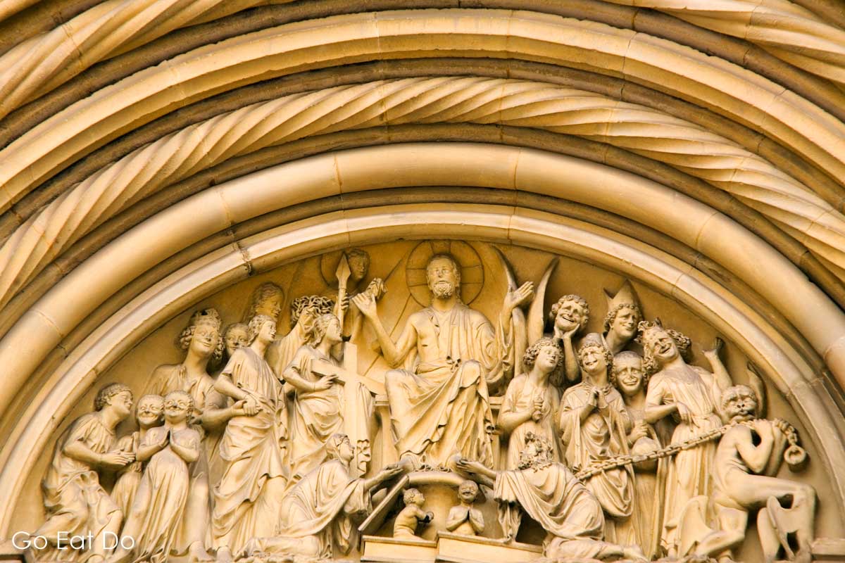 Detail of a sculpture on the Cathedral (Dom) in Bamberg, a building that dates from the 11th century.