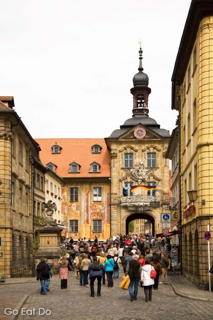 Ornate facades by the Obere Bruecke (Upper Bridge) in the Old Town district of Bamberg, Germany.