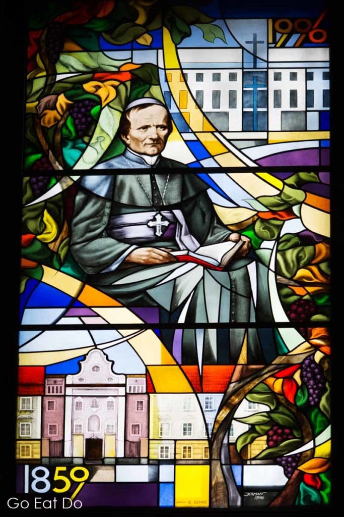 Stained glass depicting Bishop Anton Martin Slomšek who was beatified on 19 September 1999.