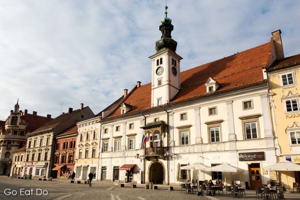The town hall on the city's main square seen during a walking tour of Maribor.