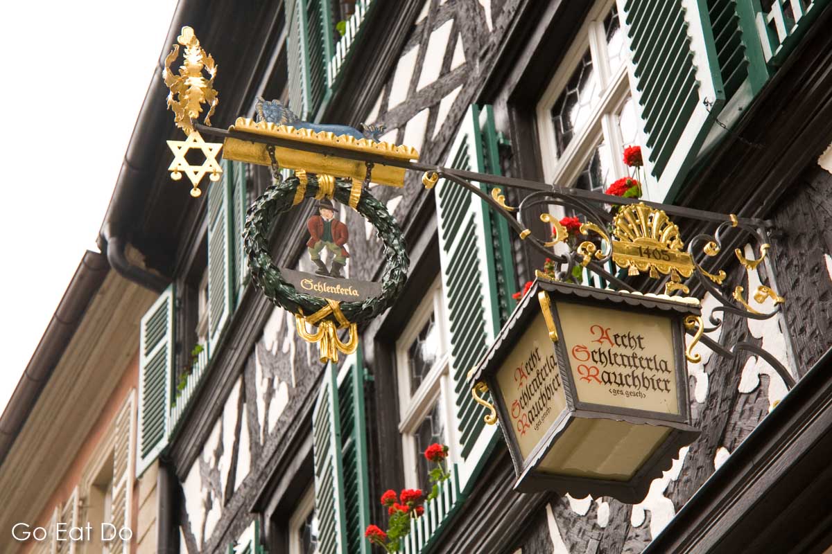 Sign for the Altstadt tavern serving Schlenkerla Rauchbier in Bamberg, Germany.