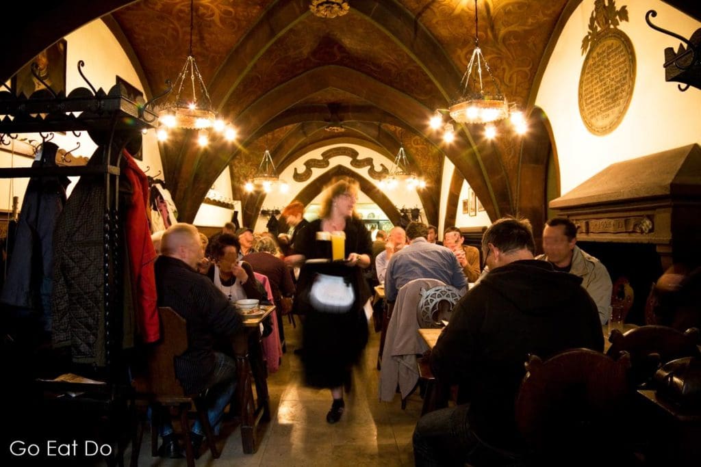 The Schlenkerla brewery tavern in Bamberg, Germany, is in a medieval building with a vaulted ceiling