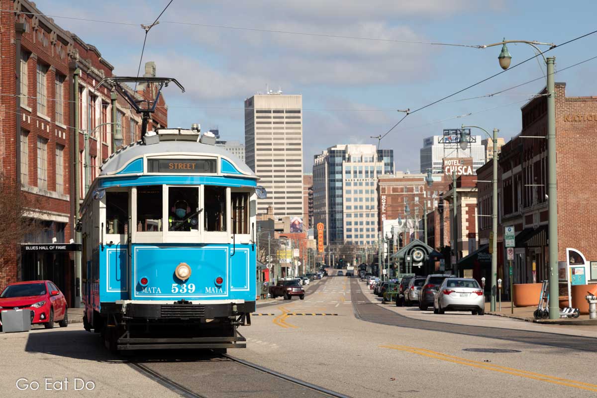 The trolley running along South Main Street in Downtown Memphis.