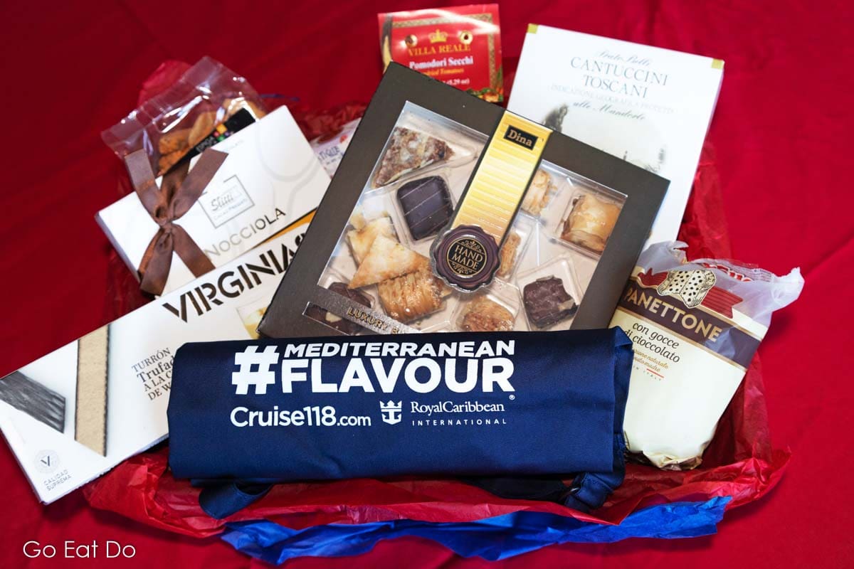 Hamper from Cruise118.com filled with gastronomic treats from the Mediterranean.