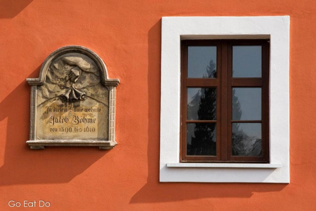 Plaque on the wall of the house where mystic and philosopher Jakob Böhme lived from 1599 to 1610 in Görlitz, Germany