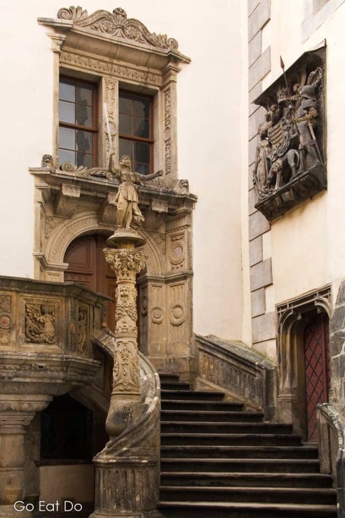 Statue of Justitia, representing blind Justice, at the Town Hall steps in Goerlitz, Germany