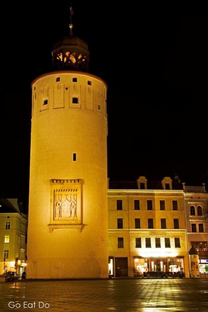 The Thick Tower, or Dicker Turm, a 13th century fortification illuminated at night in Görlitz, Germany. This explains why it is nicknamed as the city of towers'