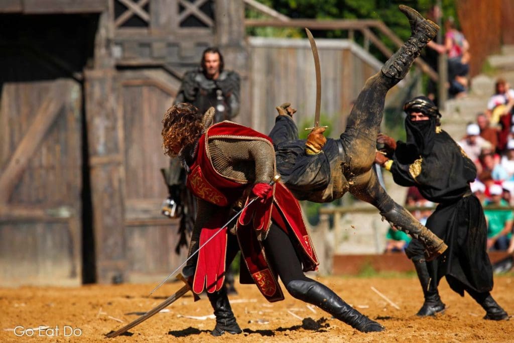 Performers fighting on foot during the Kaltenberg Knight's Tournament near Munich, Germany.