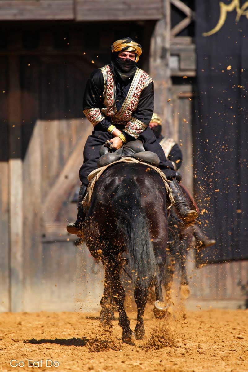 Stunt rider galloping backwards on a horse during the Kaltenberg Ritterturnier in Germany.