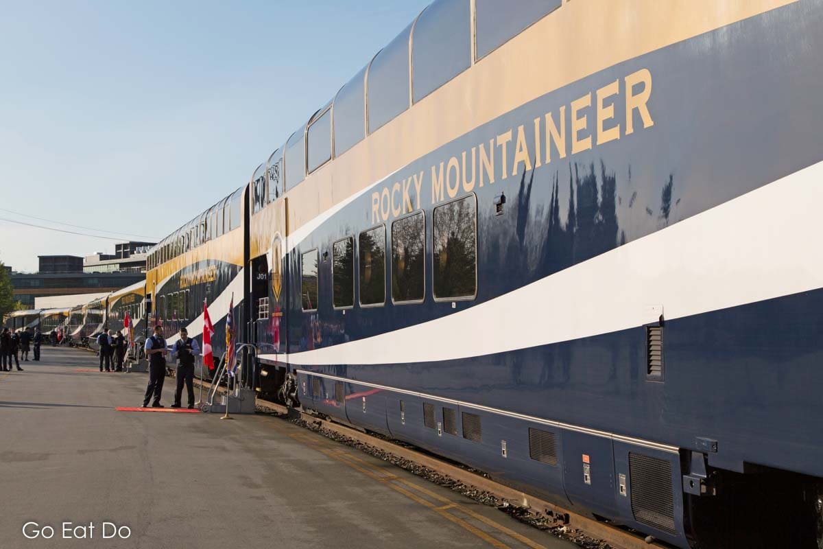 Rocky Mountaineer bi-level GoldLeaf Service cars in Vancouver.