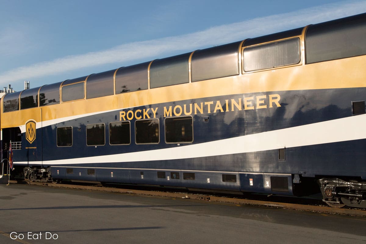 A bi-level railway car used by travellers who choose Rocky Mountaineer GoldLeaf Service.