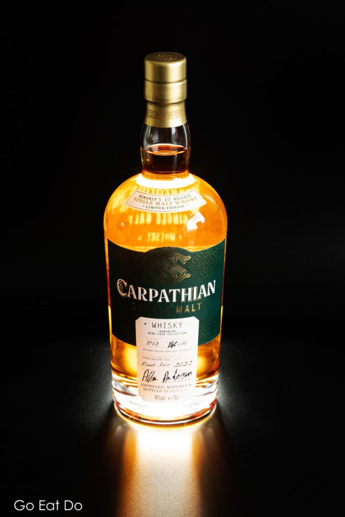 A bottle of Carpathian Single Malt whisky finished in a Pinot Noir cask.
