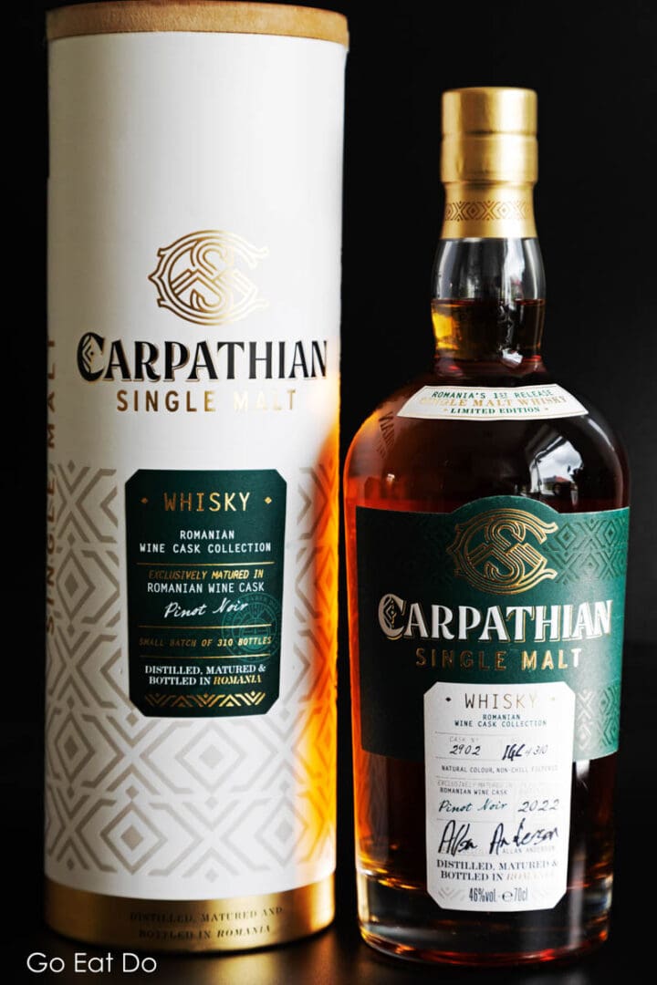 A presentation pack of Carpathian Single Malt with a bottle of the Pinot Noir finish whisky.