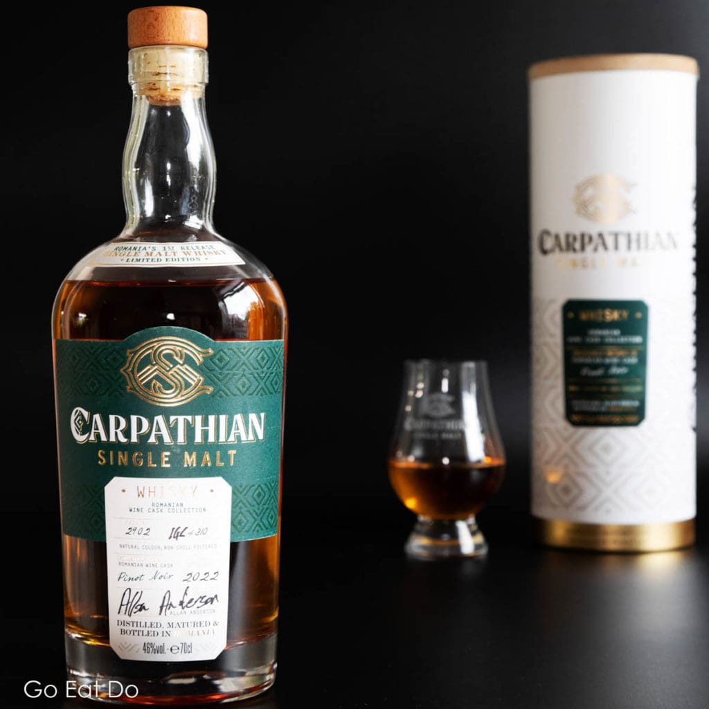 A bottle of Carpathian Single Malt whisky with a Pinot Noir finish.