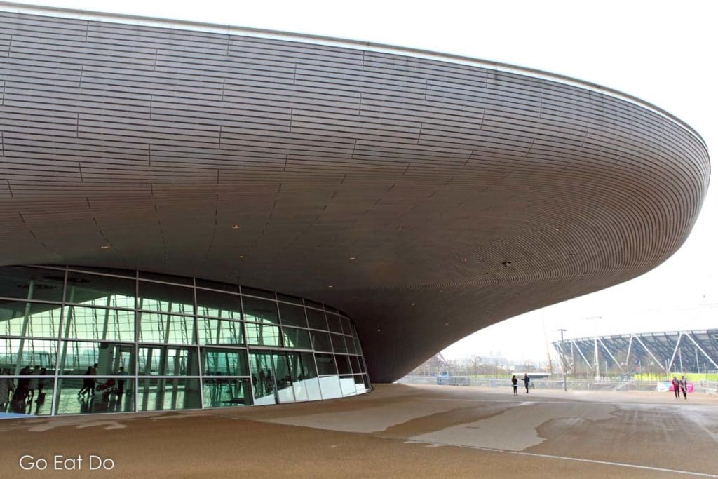 Facade of London Aquatics Centre, designed by architect Zaha Hadid, a venue for events during the 2012 Olympic Games, in the Queen Elizabeth Olympic Park.