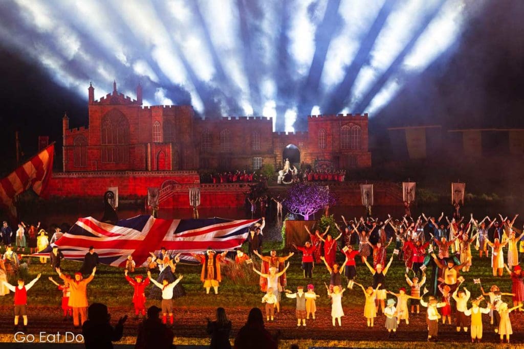 A union jack flag is unfurled during Kynren's grand finale.