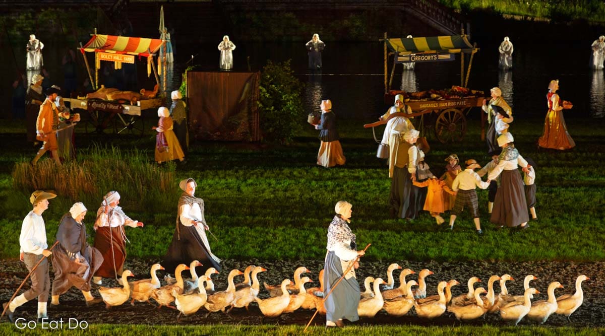 Animals play a significant role in the show. Geese being herded during a Kynren performance at 11Arches Park in Bishop Auckland.