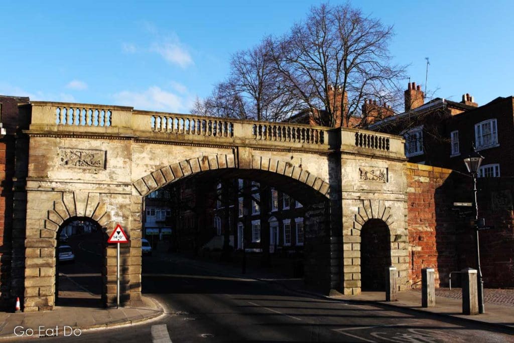 Bridgegate, near the River Dee, forms part of the Chester City Walls circuit.