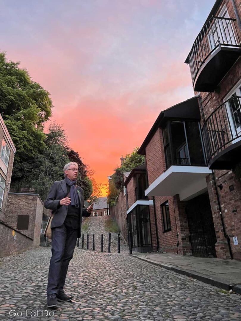 Green Badge Guide David Atkinson under a red sky in Chester