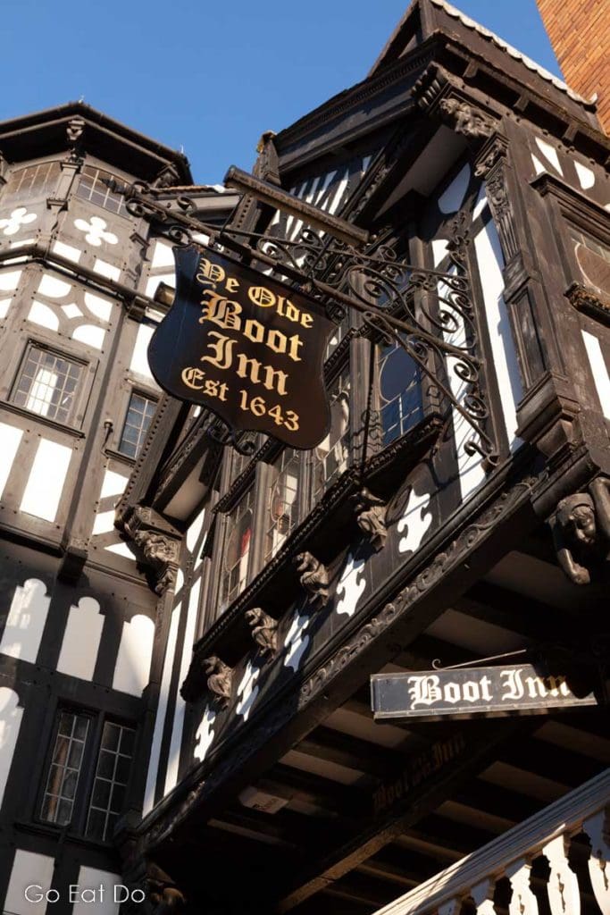 The half-timbered Olde Boot Inn, one of the many cafes, pubs and restaurants in Chester, England.