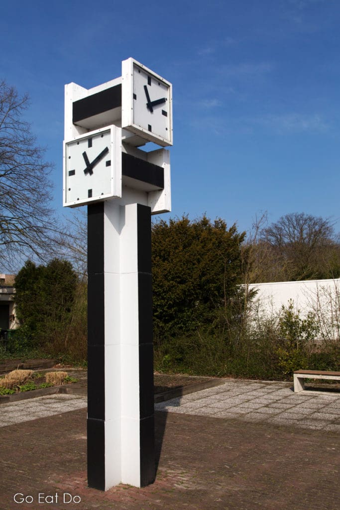 Clock designed by Gerrit Rietveld on a terrace designed by Mien Ruys at Bergeijk in the Netherlands.