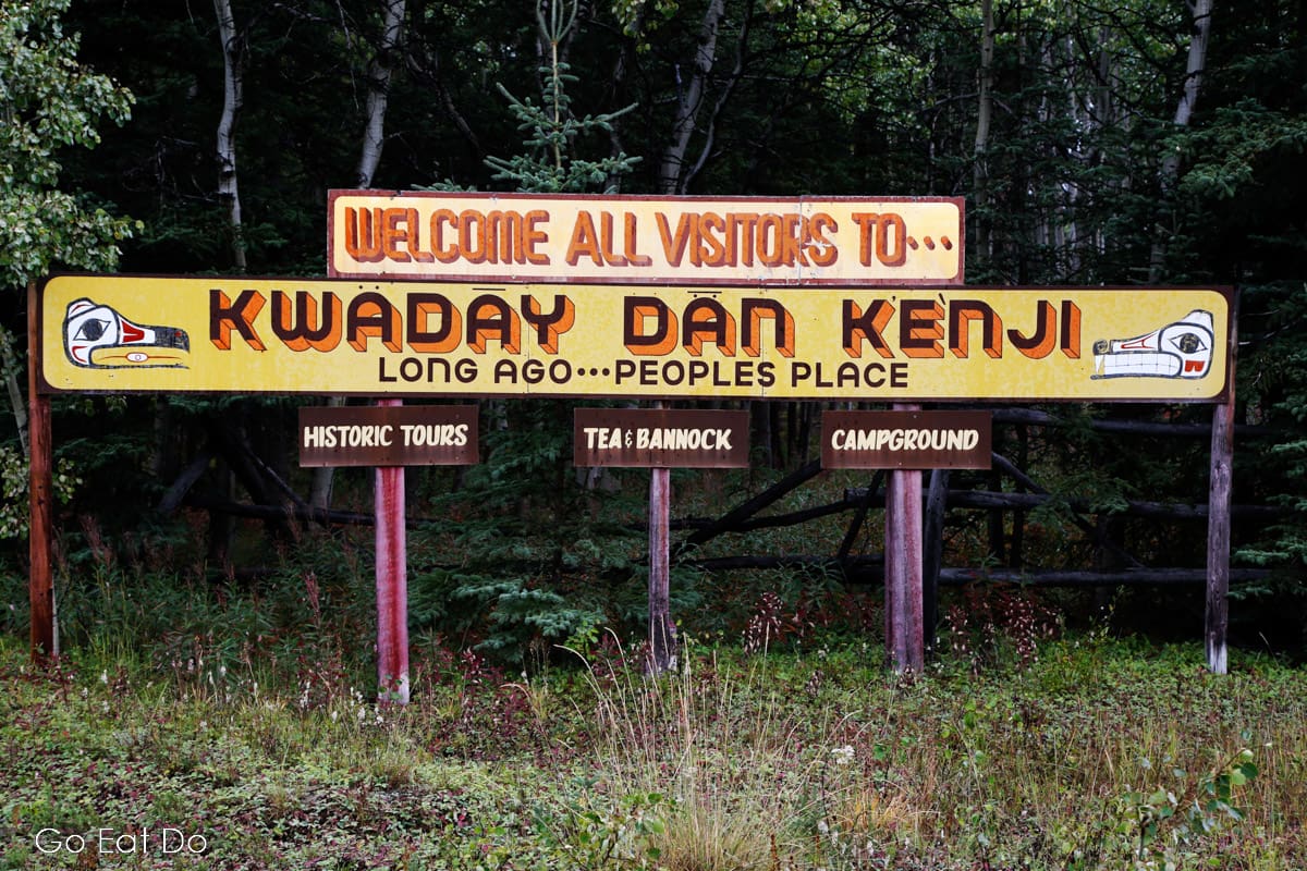 Sign for Kwäday Dän Kenji, the Long Ago Peoples Place, in Champagne, where visitors can learn about the traditional lifestyle of the Champagne and Aishihik First Nations in the Yukon.