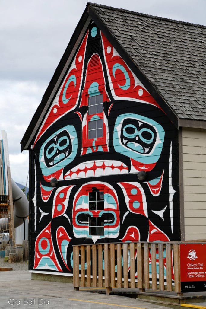 Traditional artwork on the gable end of a building in Carcross, the Yukon, on the Chilcoot Trail.