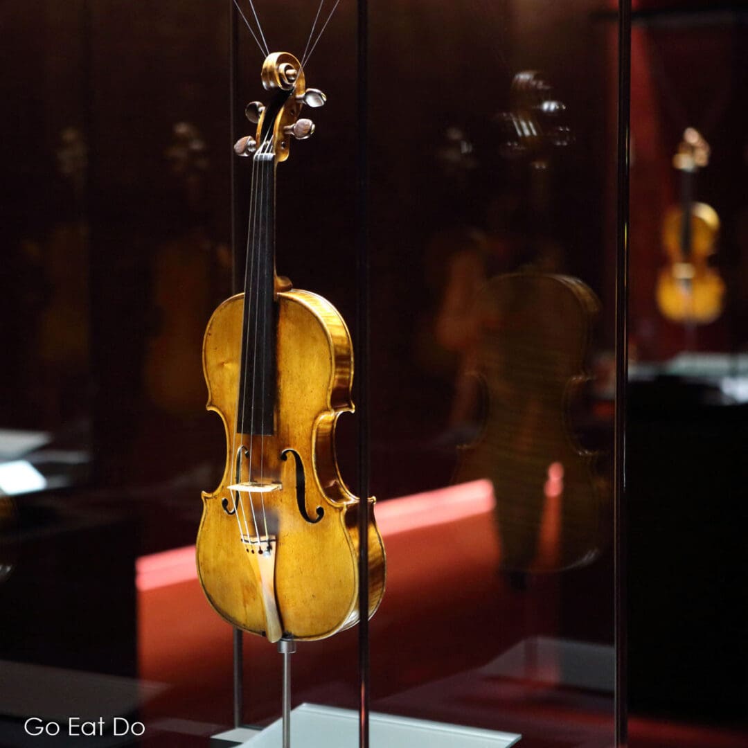 Stradivarius violin, made by Antonio Stradivari, displayed at the Museo del Violino, the Violin Museum, in Cremona, Italy.