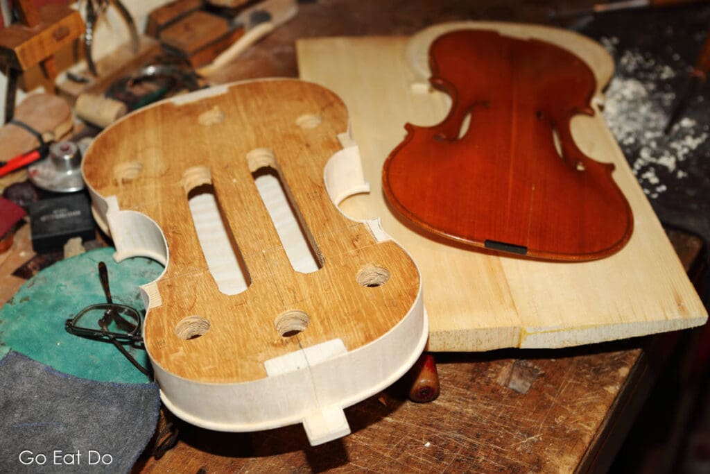 Unfinished instrument in the workshop of Stefano Conio a violin maker in Cremona, Italy.