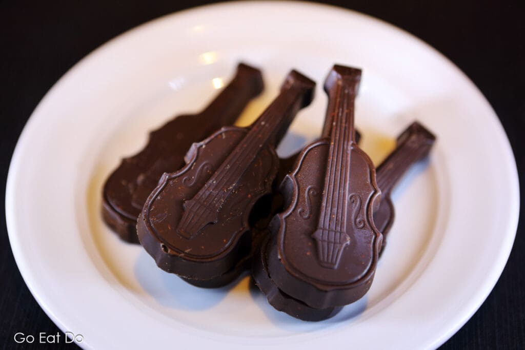 Chocolate violins served in Cremona, Italy.
