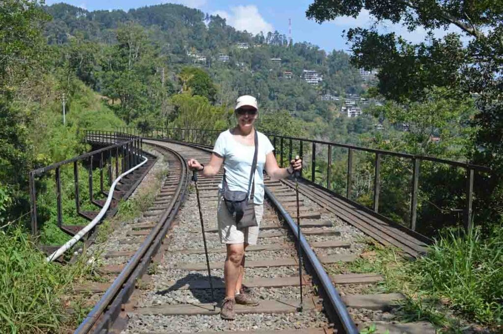 Petra Shepherd walking the railway line from Ella on Stage 15 of The Pekoe Trail in Sri Lanka.