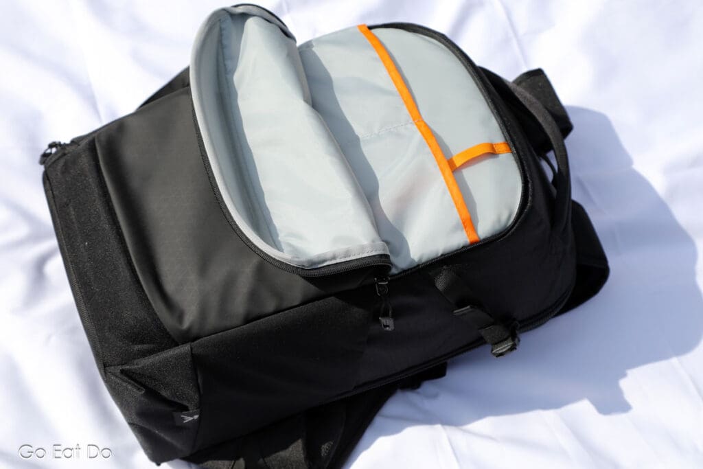 The camera bag's back compartment can have a number of uses.
