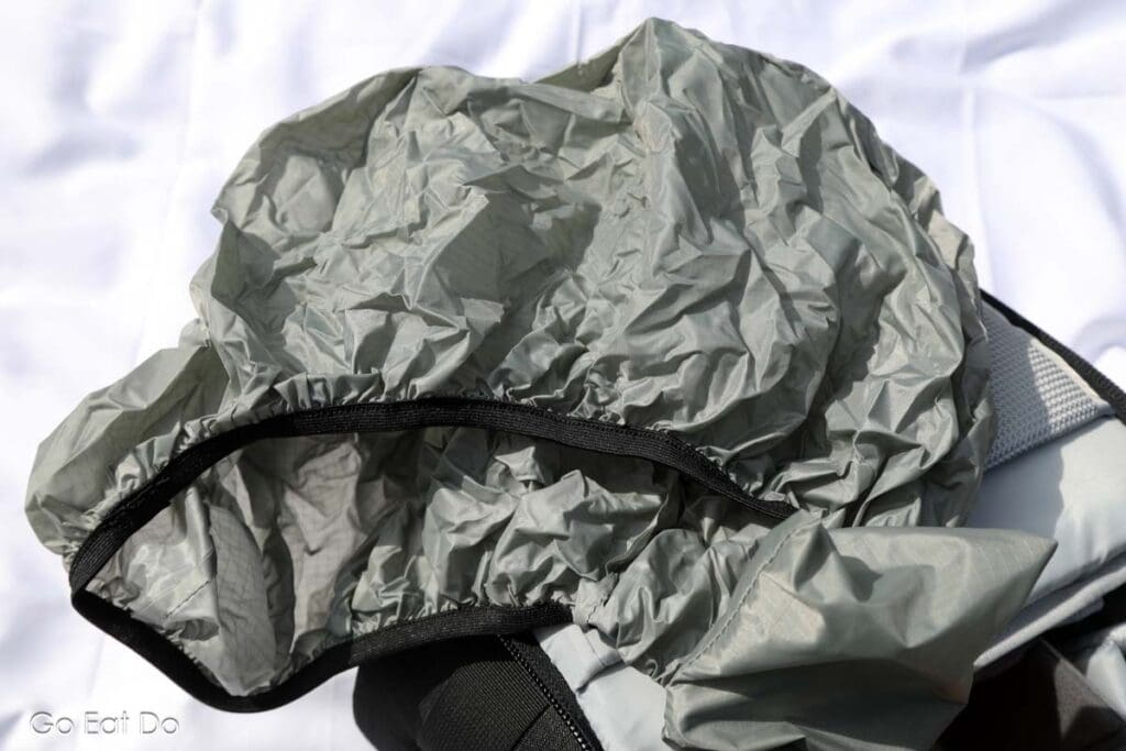 The camera bag's detachable all-weather cover.