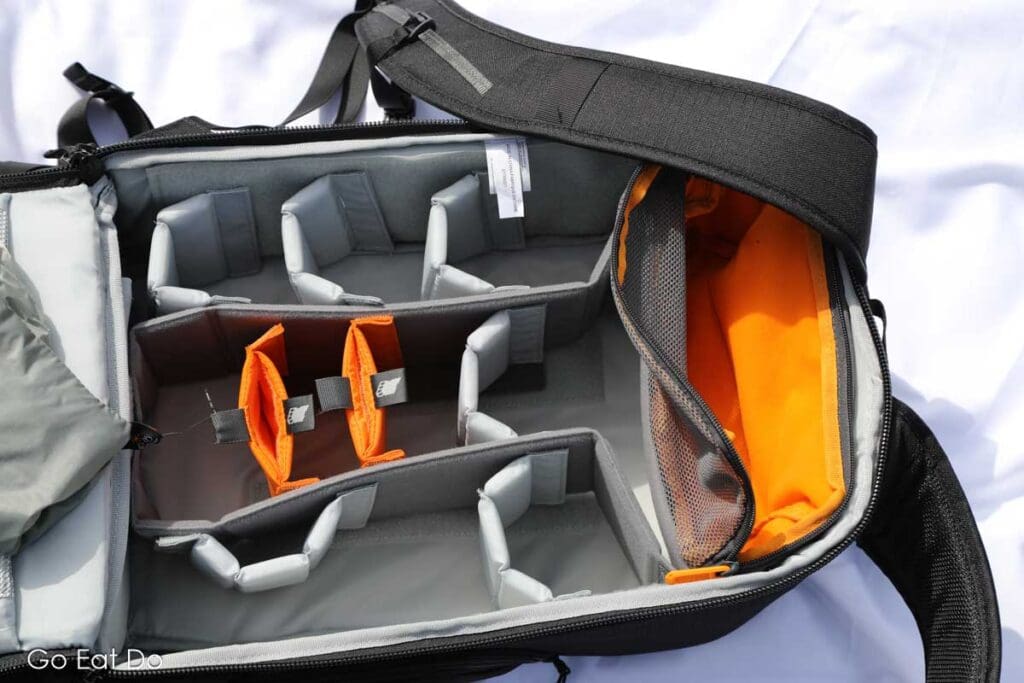 The Lowepro Flipside BP 400 AW III camera bag's internal compartments can be quickly reconfigured.