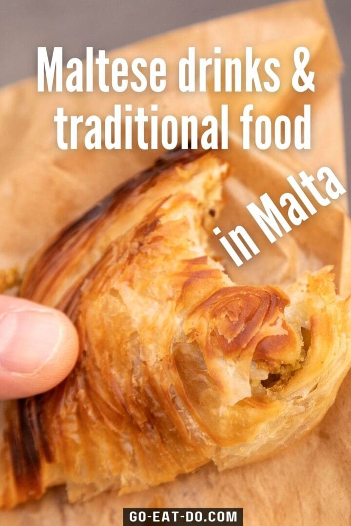 Pinterest pin for Go Eat Do's blog post about Maltese drinks and traditional food in Malta.