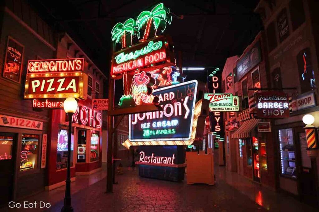 Historic neon signs in the Main Street section of the American Sign Museum in Cincinnati, Ohio.