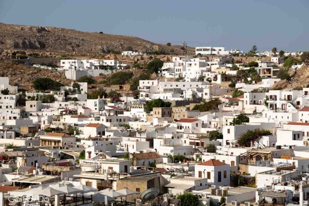 White houses in the viilage of Lindos on the island of Rhodes, Greece.