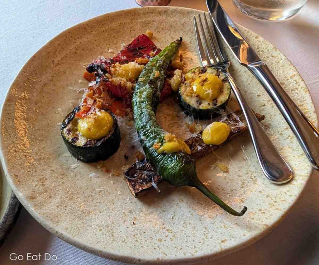 Grilled Catalan ‘Escalivada’ Vegetables with aged Manchego and Gran Reserva Xeres Vinegar during dinner in The Dining Room at Seaham Hall hotel.