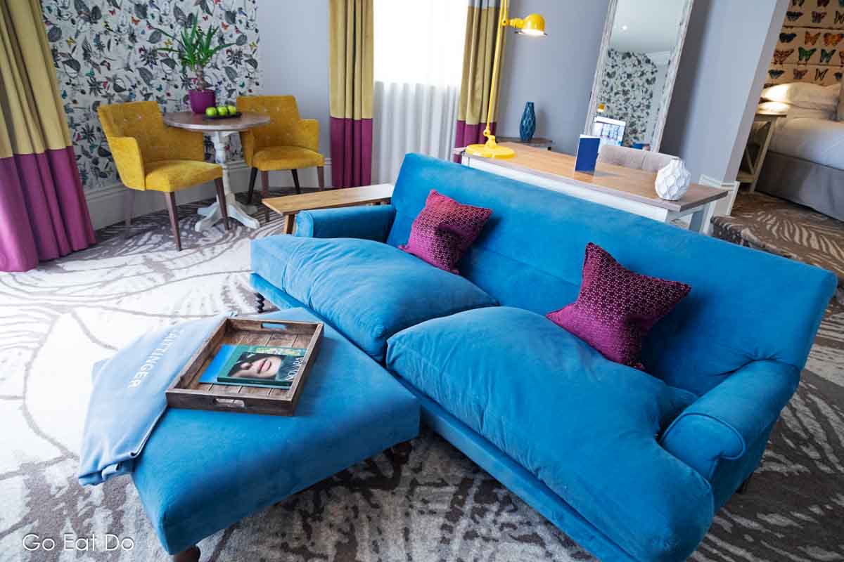 Sofa and seats in the Garden Suite I stayed in at Seaham Hall hotel.