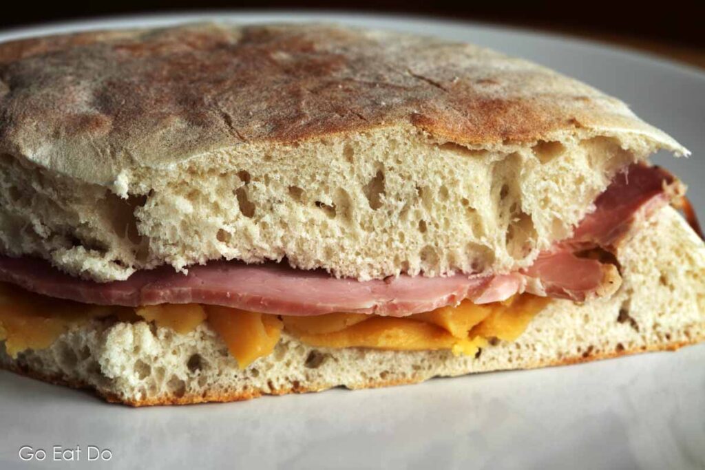 A stottie filled with ham and pease pudding made by Durham Foods.