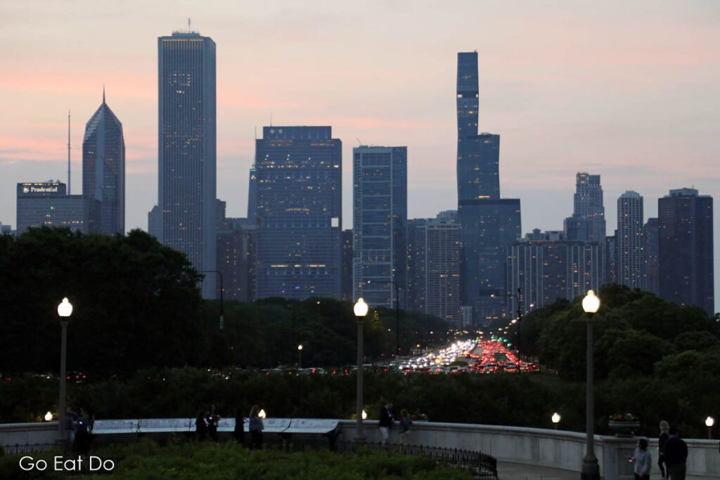 The city skyline in Chicago on a summer evening.