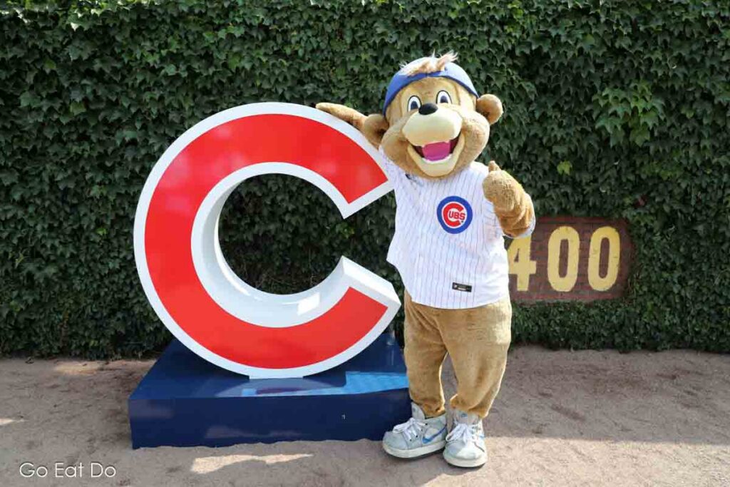 The Chicago Cubs mascot at Wrigley Field; heading to a baseball game is one of the best things to do in Chicago in summer.