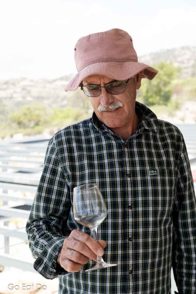 Cypriot winemaker Marios Kolios tasting wine at Kolios winery near Paphos.